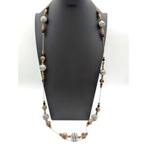 Dabby Reid Black White Striped Gold Tone Beaded Chain 46" Necklace
